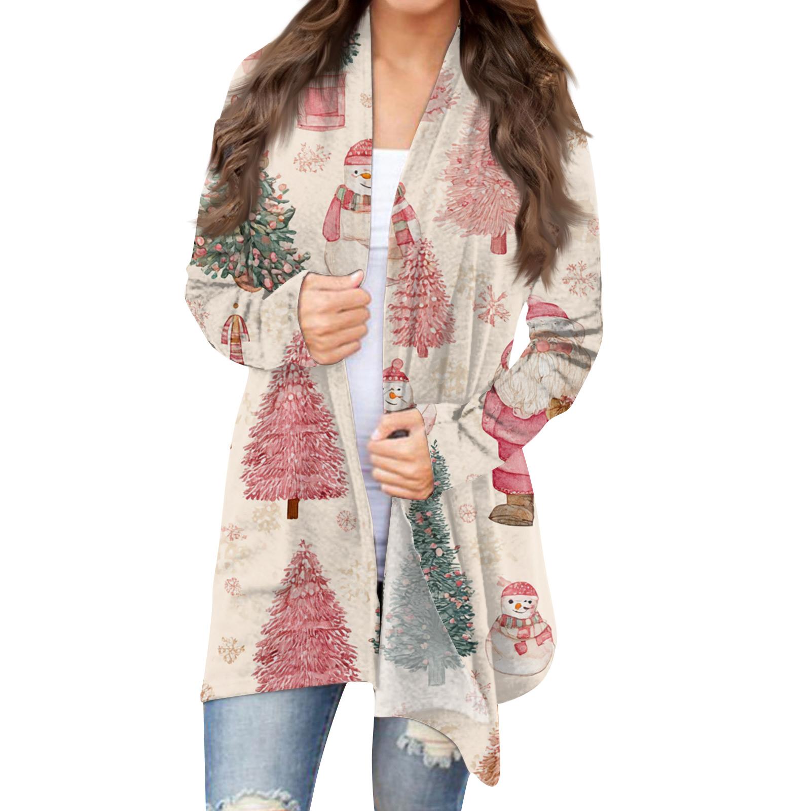 

Women s Fashion Christmas Print Jacket Long Sleeve Casual Cardigan Coat L бежевый