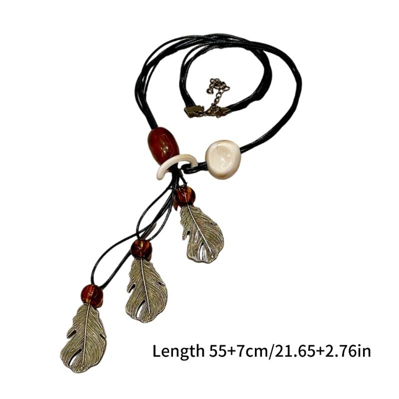 Long Bohemian Ceramic Bead Strand Necklace Ethnic Leaf Pendant Fringe Jewelry for Women Summer Statement Accessory
