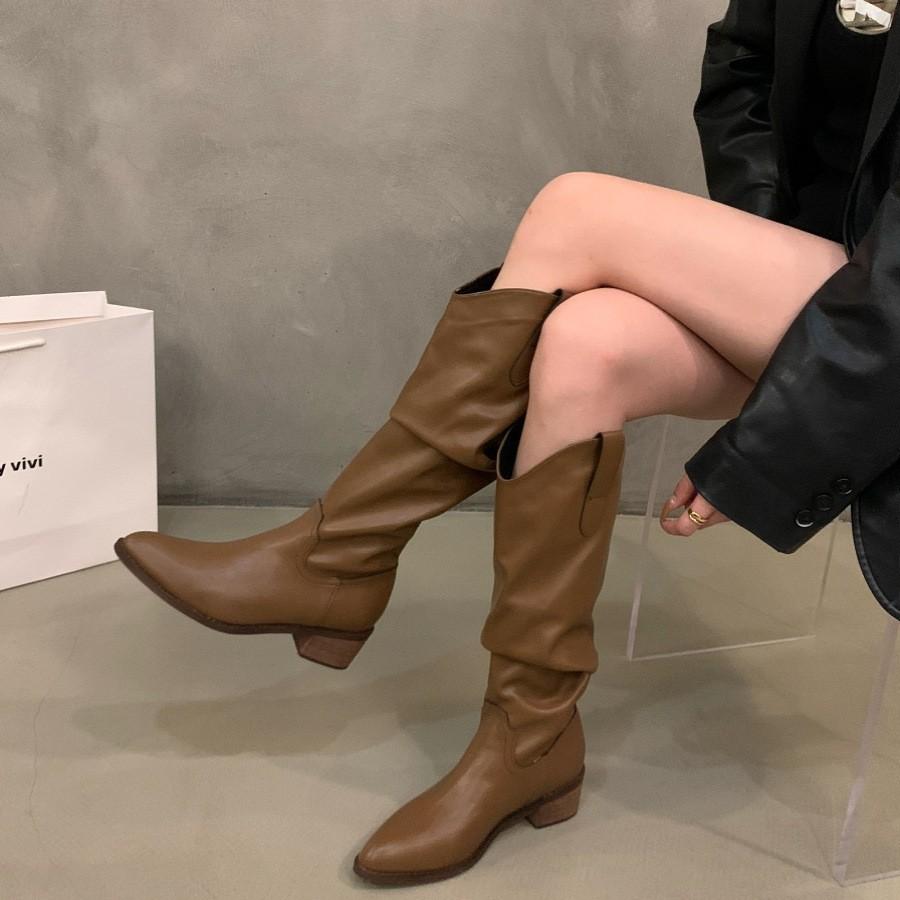 Brown V-mouth boots women's 2025 autumn and winter new thick heel suede tall knight boots popular western pile boots