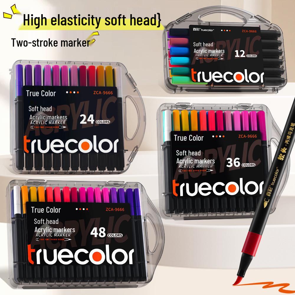 True Color Soft Tip Acrylic Marker Pen, Small Square Barrel, Black Box, No Bleed, Layerable, Ideal for Children's Art and Newspaper Painting.