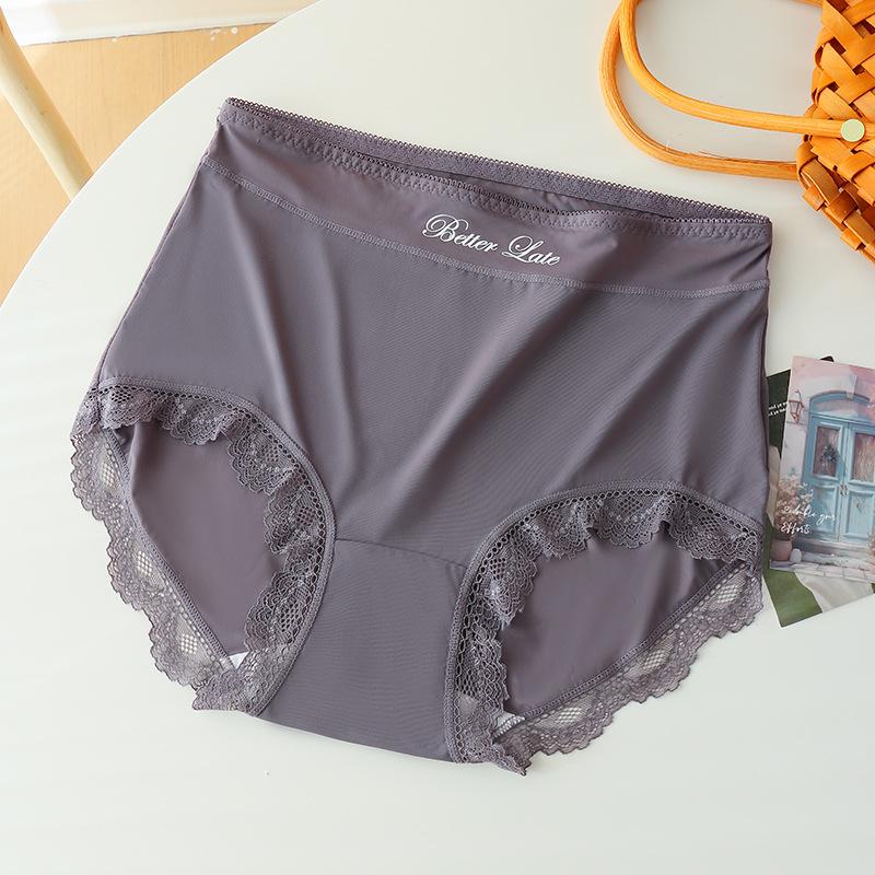 Ladies Summer Light and Thin Pure Lace No Trace Ice Silk Pure Cotton Crotch Breathable High Waist Close Belly Flat Angle Briefs