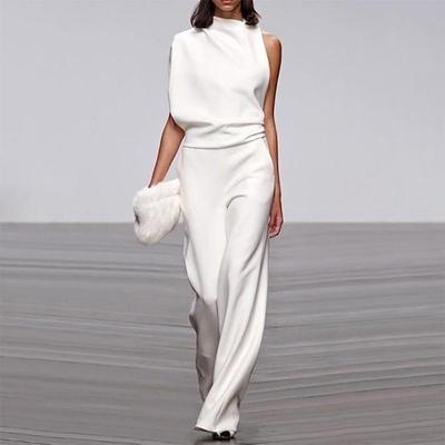 Moda feminina manga curta fora do ombro cor sólida macacões de perna larga