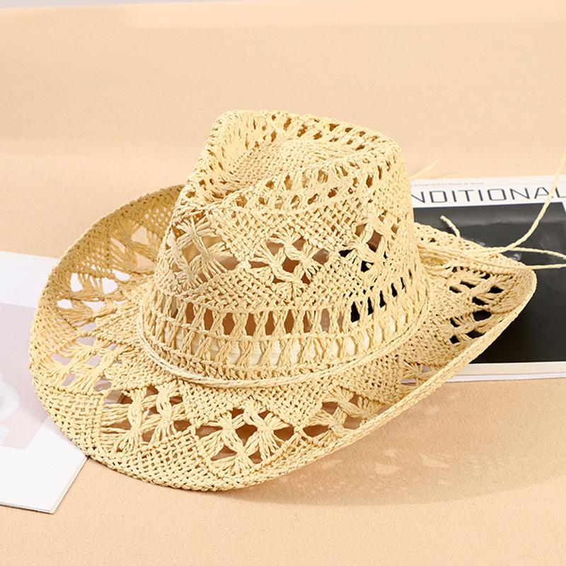 

Летний солнцезащитный козырек для детей, полый дышащий, для морского побережья, пляжа, плетеная вручную соломенная шляпа, ретро шляпа-клош, ковбойская шляпа average size