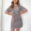 Damenkleid, Rundhalsausschnitt, kurze Ärmel, Brusttasche, Vintage-Stil, Übergröße, kurzes Kleid im Used-Look, einfarbig, Pullover, lässig, für den Alltag, Minikleid