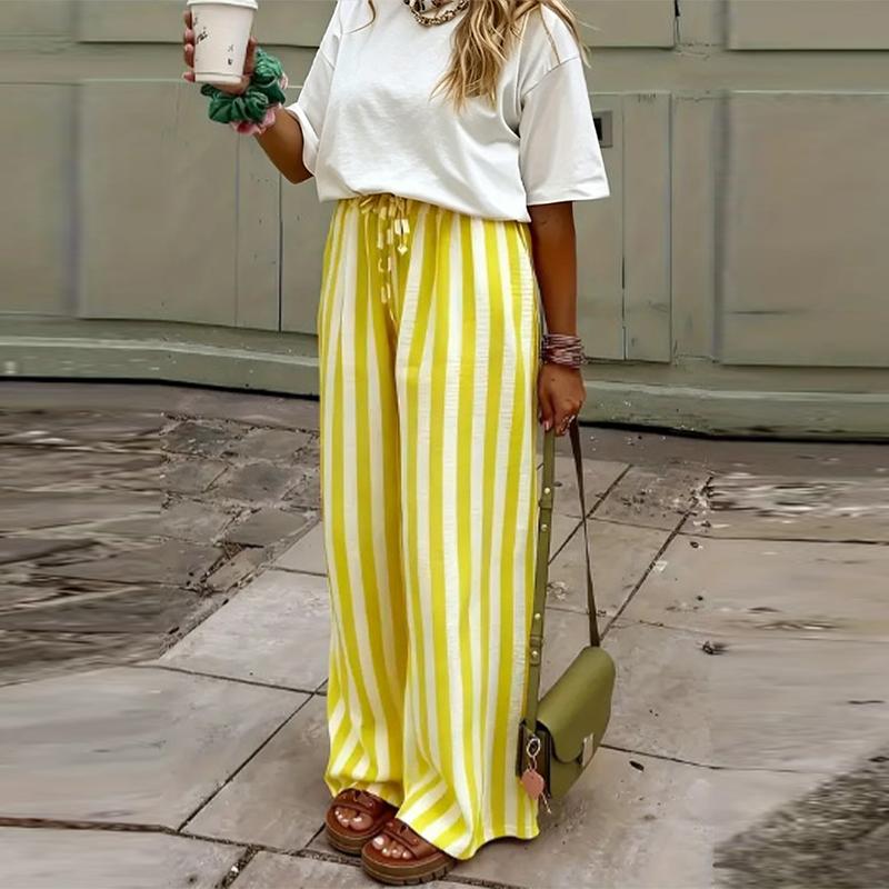Casual Striped Pants Women Loose Elastic Waist Lace Up Wide Legs Straight Trousers Female Summer Chic Soft Pants Lady