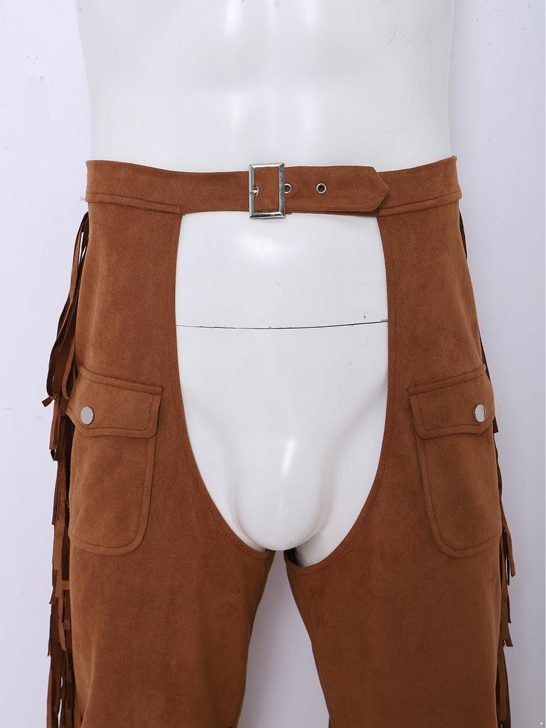 Pánské nastavitelné v pase Faux Suede Chaps Kalhoty Bojí Třásně Rozdělené Široké Nohy s Popruhy pro Jízdu na Koních Divadlo Cosplay
