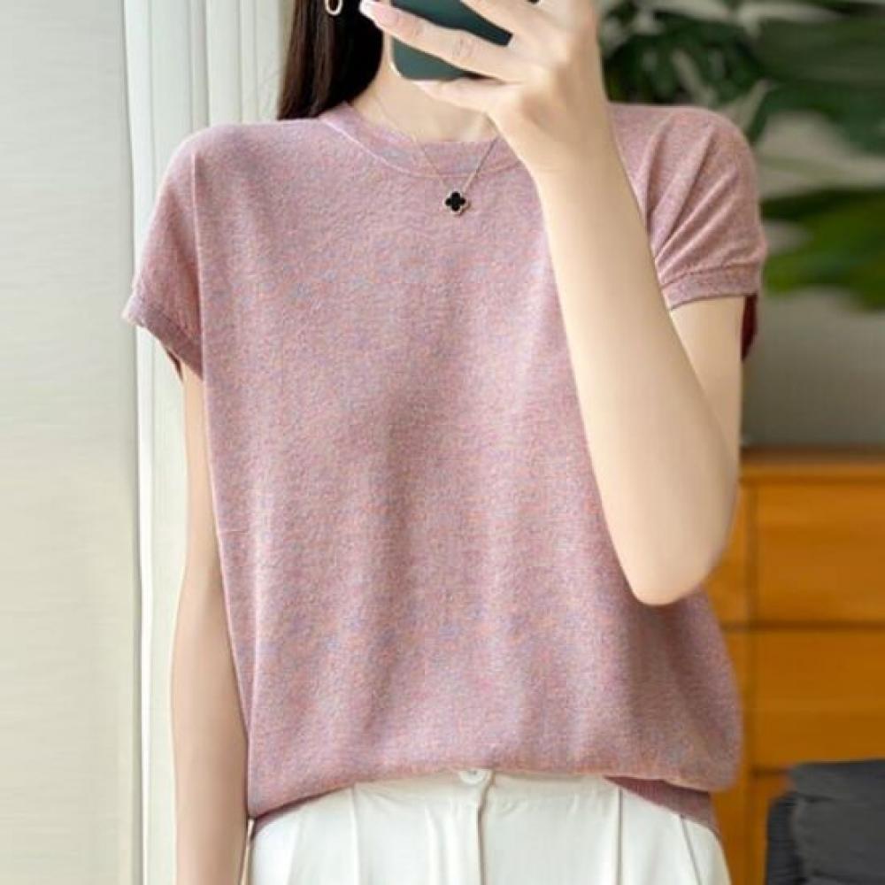 Navava Women Simple Daily Pearl Round Neck Short Sleeve Knit Nk2917
