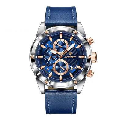 POEDAGAR Herren Quarz Chronograph Uhr, Rund, Stilvoll, Silber, Blau, Leder [Parallelimport]
