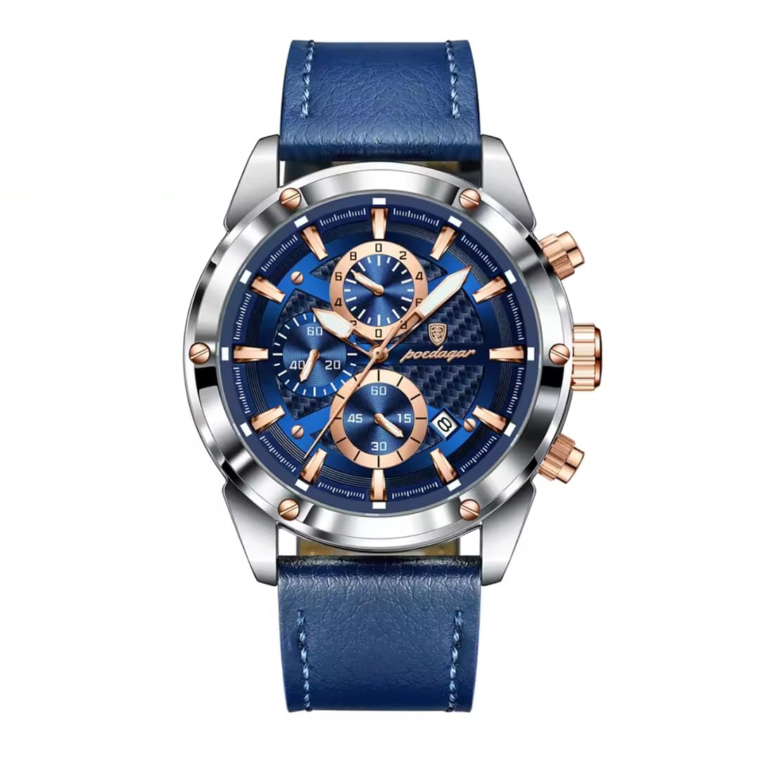 

POEDAGAR Men s Quartz Chronograph Watch, Round, Stylish, Silver, Blue, Leather [Used]