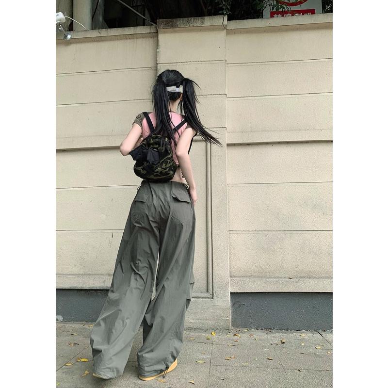 New Women's Cargo Pants, High Waist Wide Leg Straight Casual Trousers with Quick-Dry Fabric, Lightweight Summer American Retro Joggers