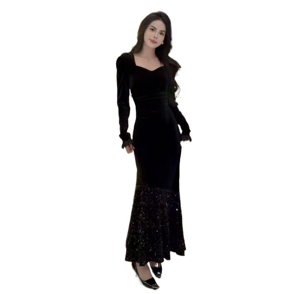 High-End Velvet Sequin Slimming Square Neck Dress