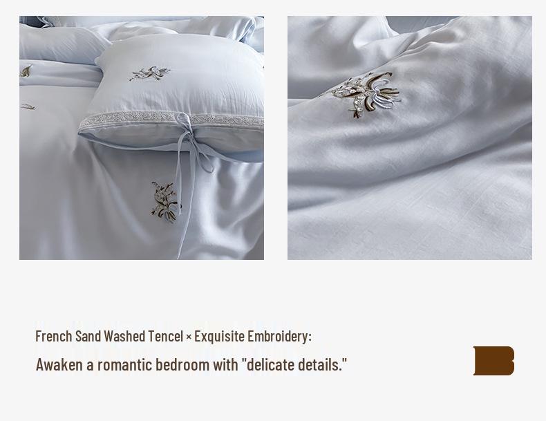 French Tencel Embroidery Luxury Four-Piece Bedding Set - Silky, Cool, Skin-Friendly for Summer Comfort