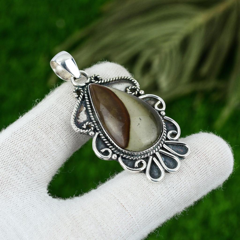 Daughters Day Sale 925 Silver Polychrome Jasper Stone Ethnic Birthday Pendant