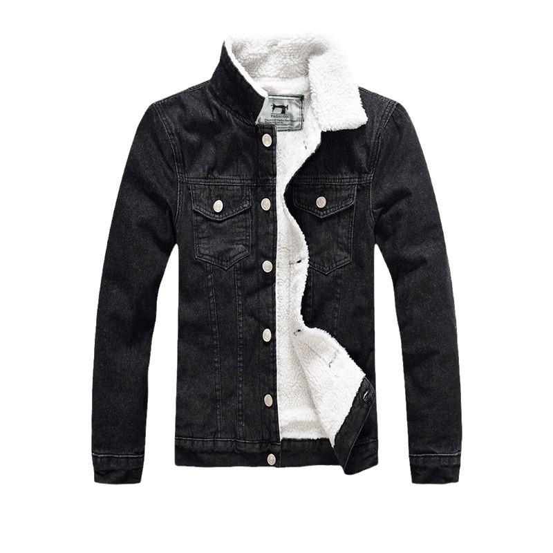 Men's Plus Size Black Denim Jacket with Thick Lambswool Lining