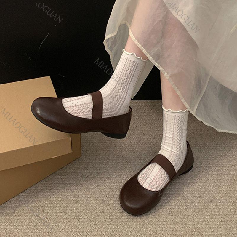 Fashion Black Single Shoes Retro Soft Bottom Round Toe Slip on Women's Flats Casual Solid Belt Shallow Mouth Ballet Mary Jane Loafers