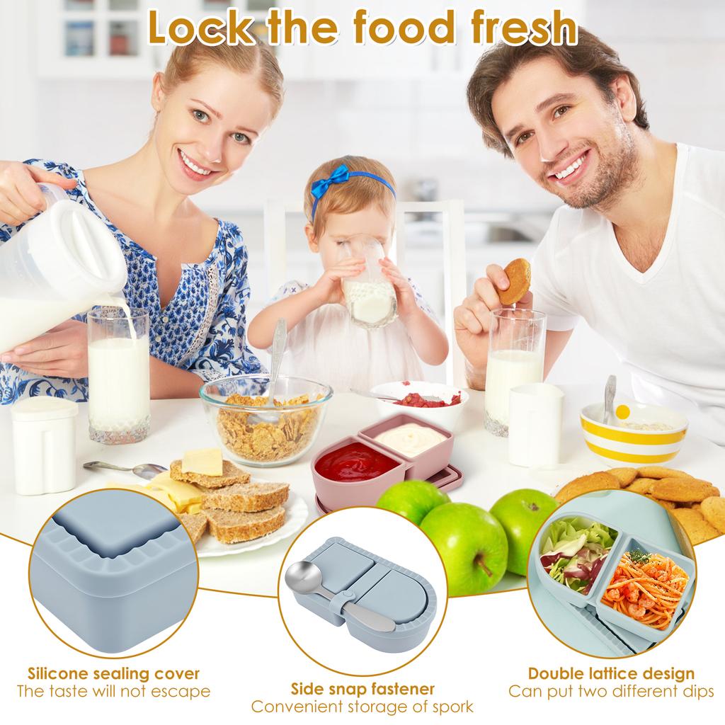 4Pcs Silicone Snack Container Portable Double Compartment Sauce Box Leakproof Stackable Dressing Food Storage Box for Outdoor