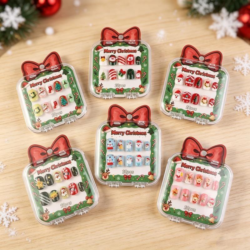 10Pcs Merry Christmas Ins Trend Press On Nails Chic Nail Patch Ladies Cute 3D Christmas Tree Santa Claus Decoration Nail Art