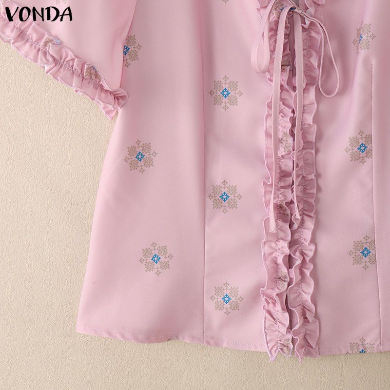 VONDA Women V Neck Short Sleeve Buttons Up Ruffled Hem Print Casual Blouse