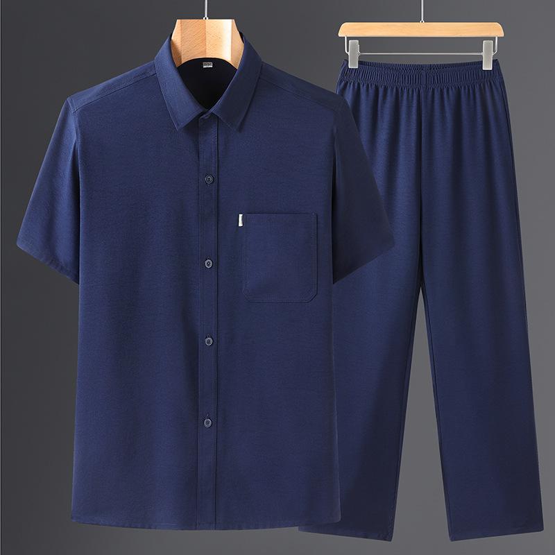 Men's Summer Comfortable Suit Middle-aged and Elderly Solid Color Simple Short-sleeved Shirt + Casual Pants Two-piece Set