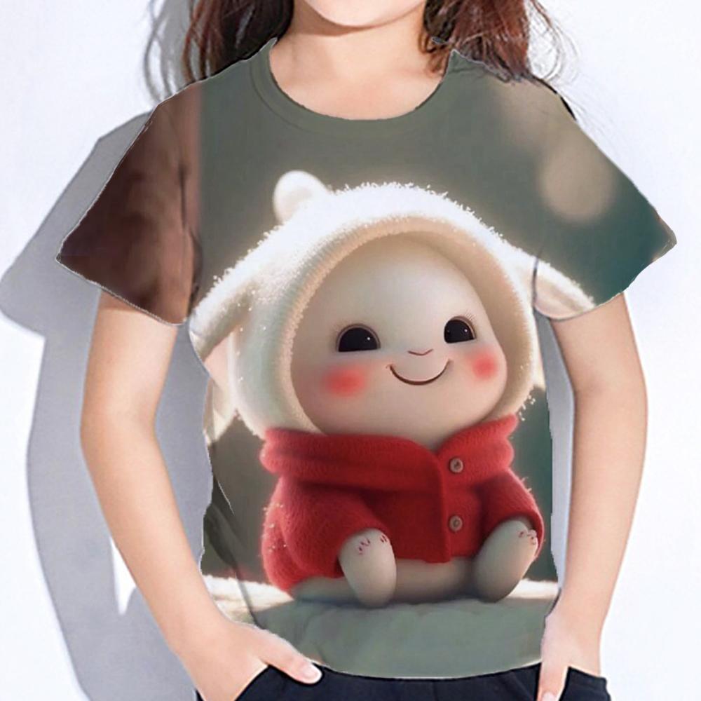 Rabbit Cartoon Print Toddler Short Sleeve Tops Oversized Crew Neck Tees Little Girl Clothes