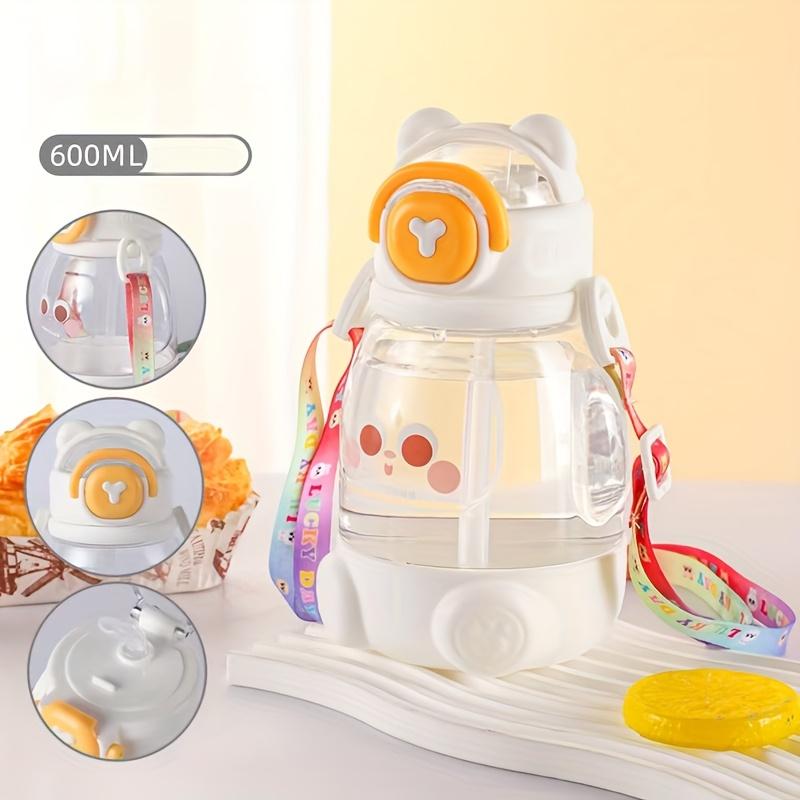 Cute Cartoon Student Water Bottle 600ml/20.29oz Food-Grade Material Portable with Straw and Strap for Travel Sports 1 Pack