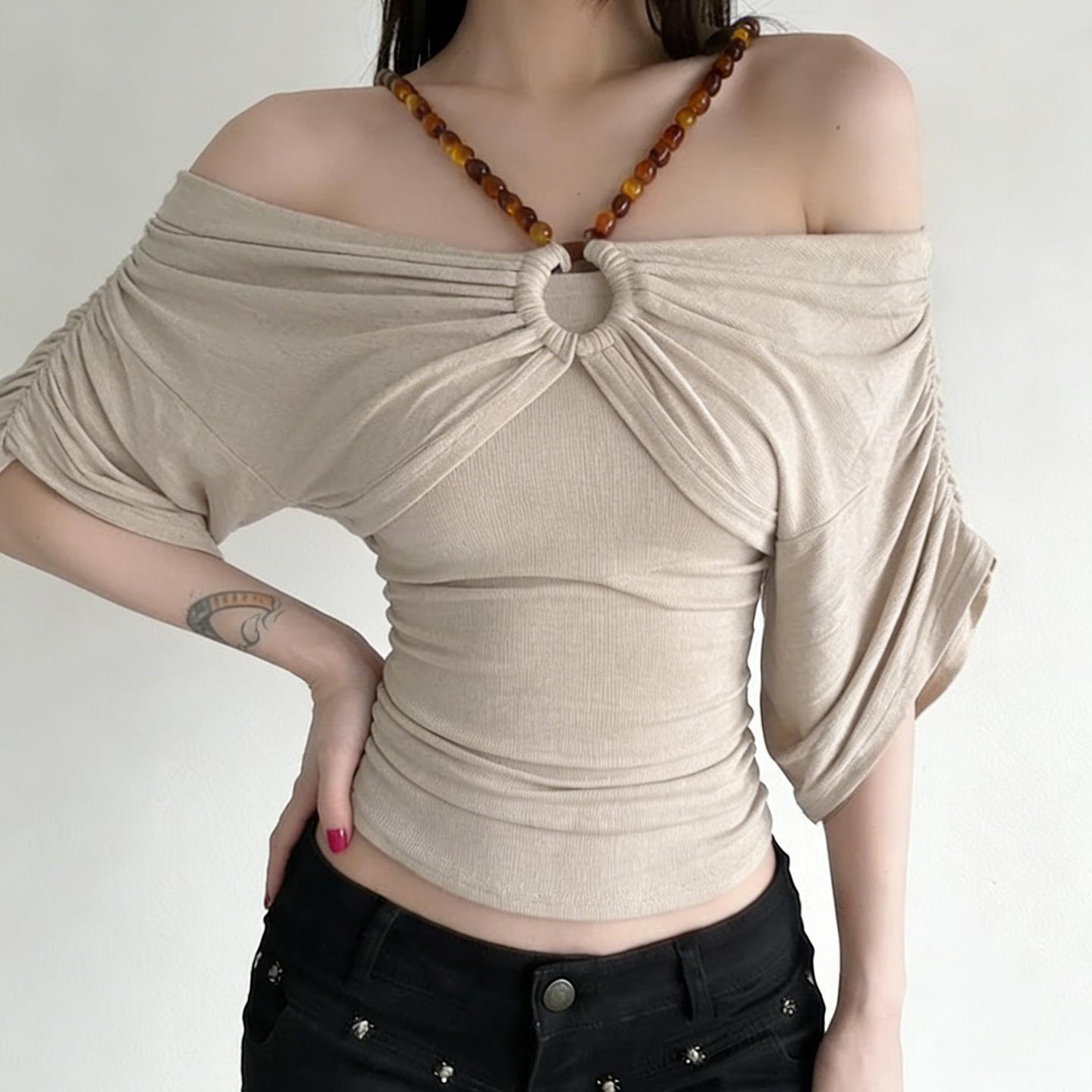 

Beaded Off Shoulder Ruched Top – Slim Fit Batwing Sleeve Solid Color Women Blouse for Party & Summer Fashion L хакі