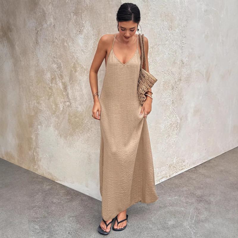 Damen Mode Lässig Einfarbige V-Ausschnitt Rückenfrei Ärmelloses Cami Langes Kleid