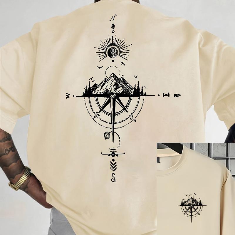 2025 Men's Summer T-shirt Sports Casual Loose Gold Compass Rose Mountain Pattern Printed Round Neck Short Sleeved T-shirt Summer