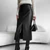 Autumn Winter Vintage Fleece-Lined PU Leather Skirt with Slit Design Women's Half Skirt