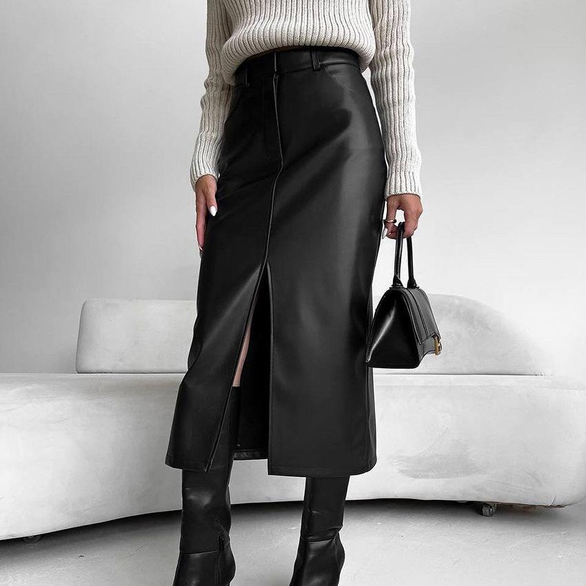 Autumn Winter Vintage Fleece-Lined PU Leather Skirt with Slit Design Women's Half Skirt