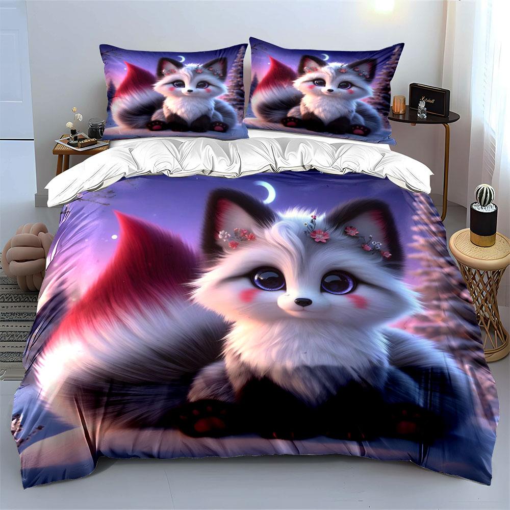 Cute Blue-Eyed Fox In Snowy Night Printed Duvet Cover Set1 Duvet Cover+2 Pillowcasemulti Size Bedroom Bedding Decor Luxury Gift