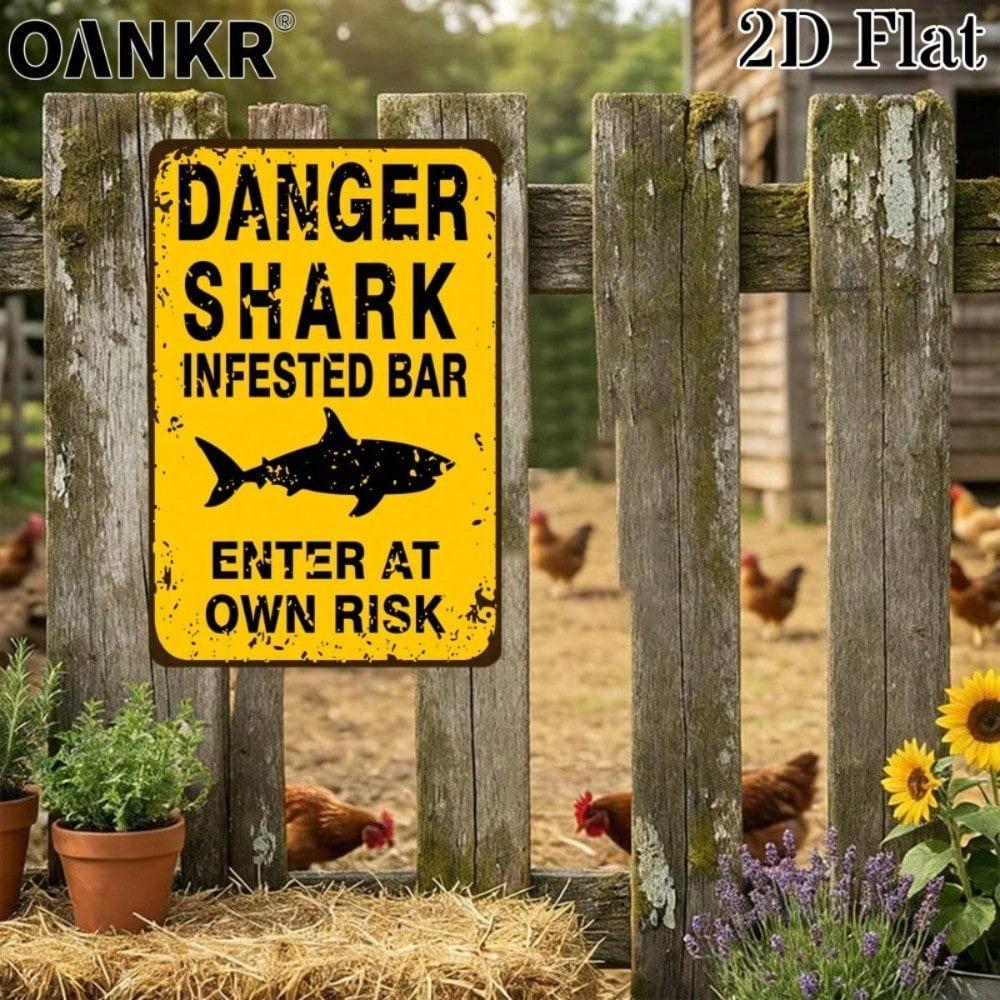Vintage Shark Warning Metal Tin Sign, Retro Enter At Own Risk Plaque, Farmhouse Bar Wall Decor