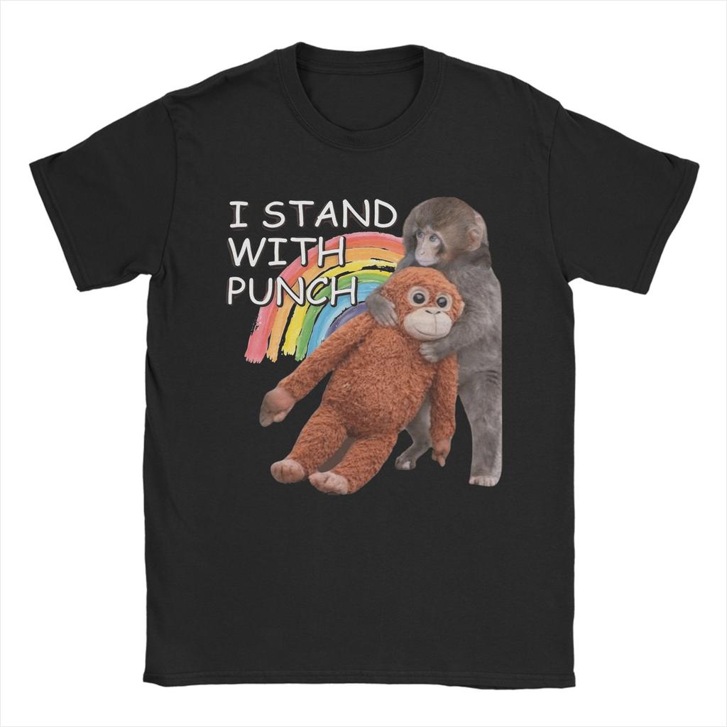 Men Women Printed Team Punch Punch the Monkey Baby Monkey Holding Plush Toy Tee T Shirt Pure Cotton Tshirts Clothes