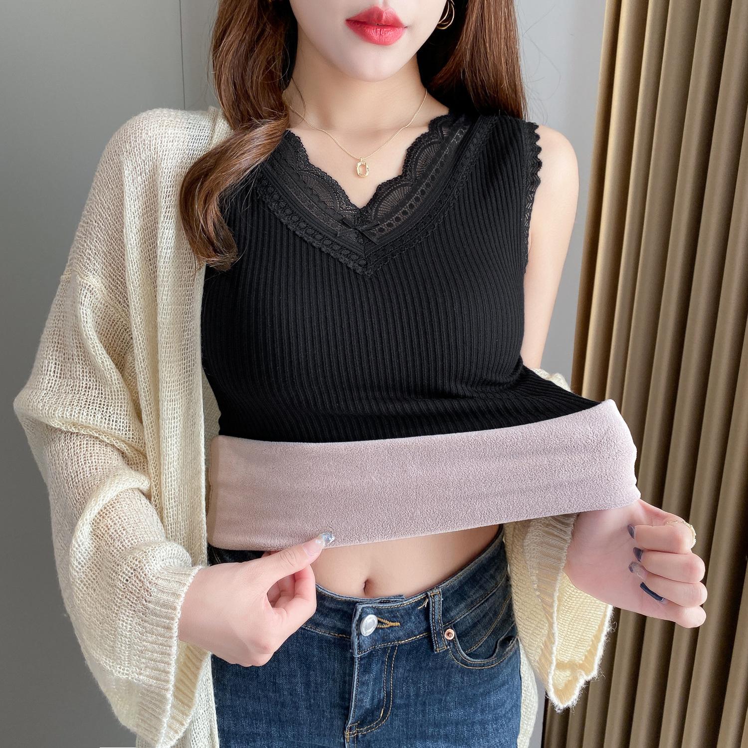 

Термобелье, женские теплые топы, сексуальный жилет, зимний жилет без рукавов с v-образным вырезом, бесшовная одежда с кружевным вырезом, нижнее белье, тонкое сбоку M чёрный