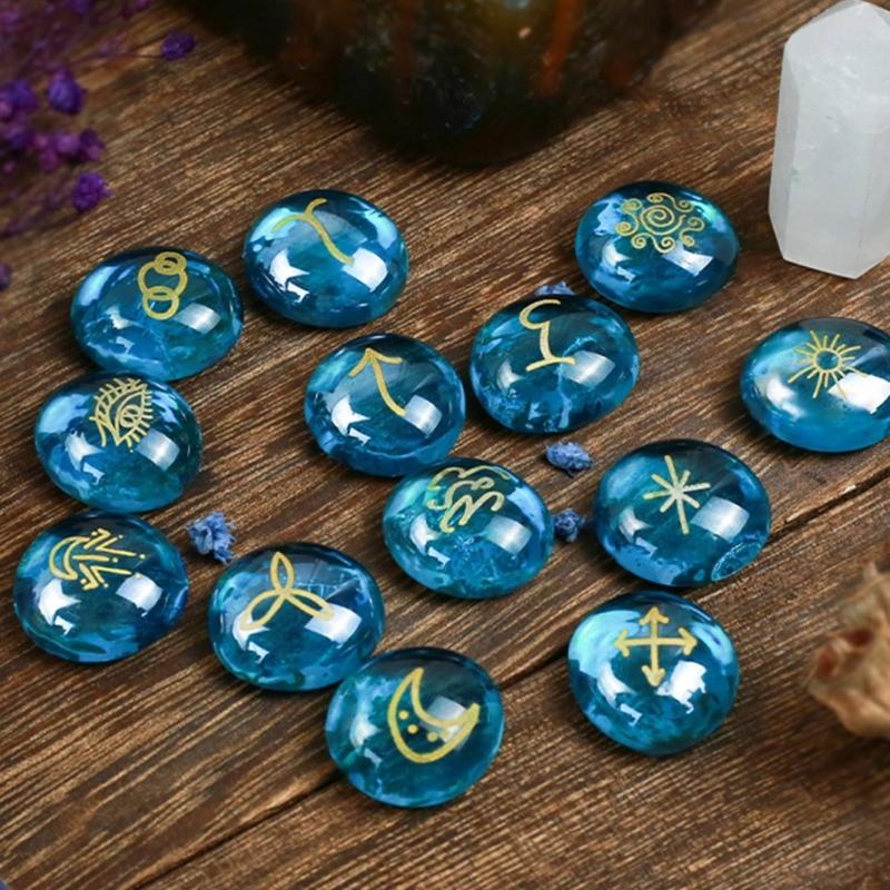 13Pcs Glass Runes Stone Irregular Divination Runes Stone with Instruction and Storage Bag Heal Gift Decoration