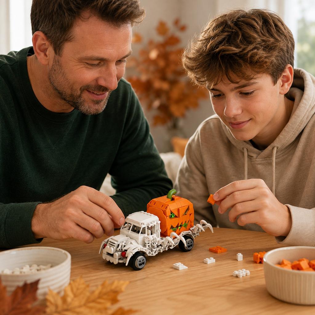 Halloween Skeleton Pumpkin Carriage Building Set with Light-Up Feature, Creative Gift for Kids and Adults