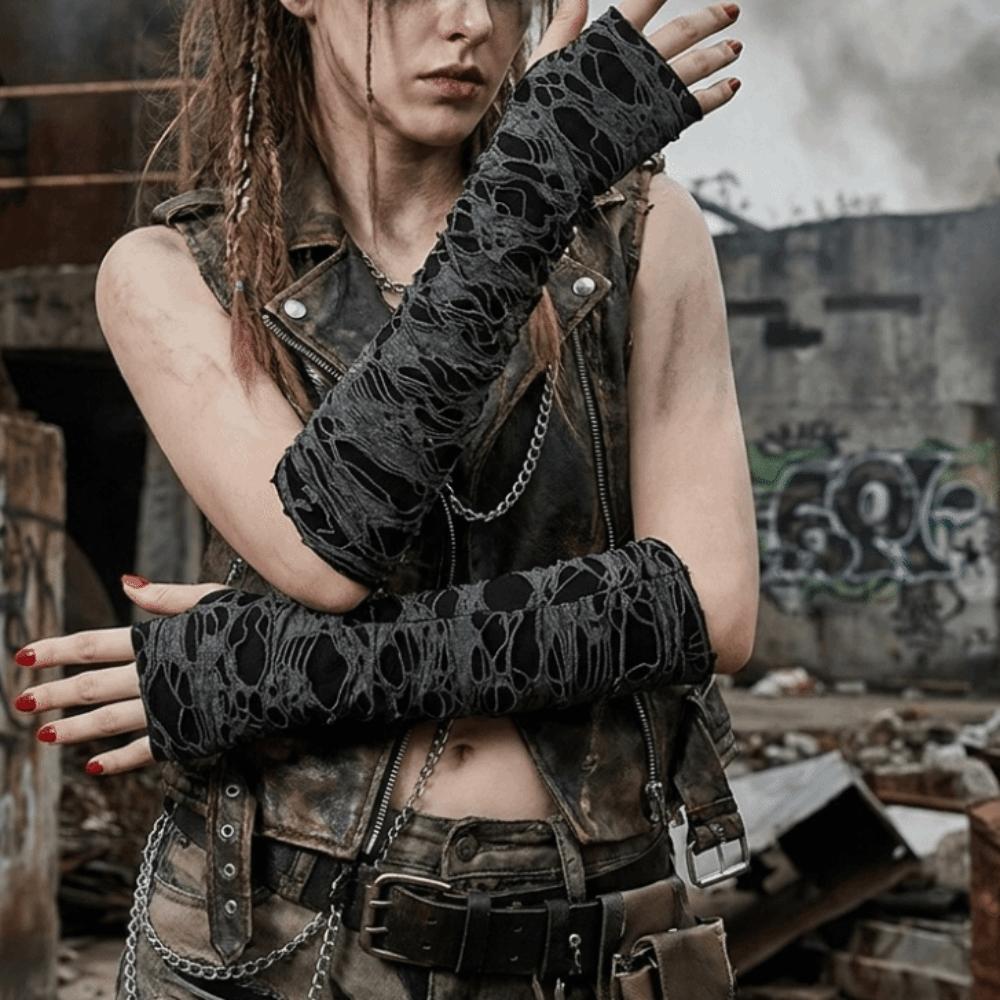 Distressed Style Punk Gloves Dark Style Hollow Out Arm Sleeves Fingerless Arm Warmers Daily Wear