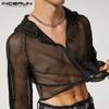INCERUN Summer Men Mesh Crop Priehľadné Crop Topy s kapucňou, priehľadné