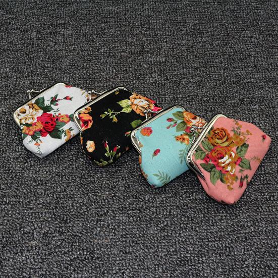 Blumen Canvas Kleine Münzbörse für Damen, Vintage Kiss-lock Kleingeldbörse, Mini Geldbörse für Kreditkarte, Lippenstift