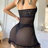 European and American Style Women’s Sheer Mesh Lingerie, Sexy Ultra-Thin Lace Halter Nightgown with Bow Erotic Sleepwear