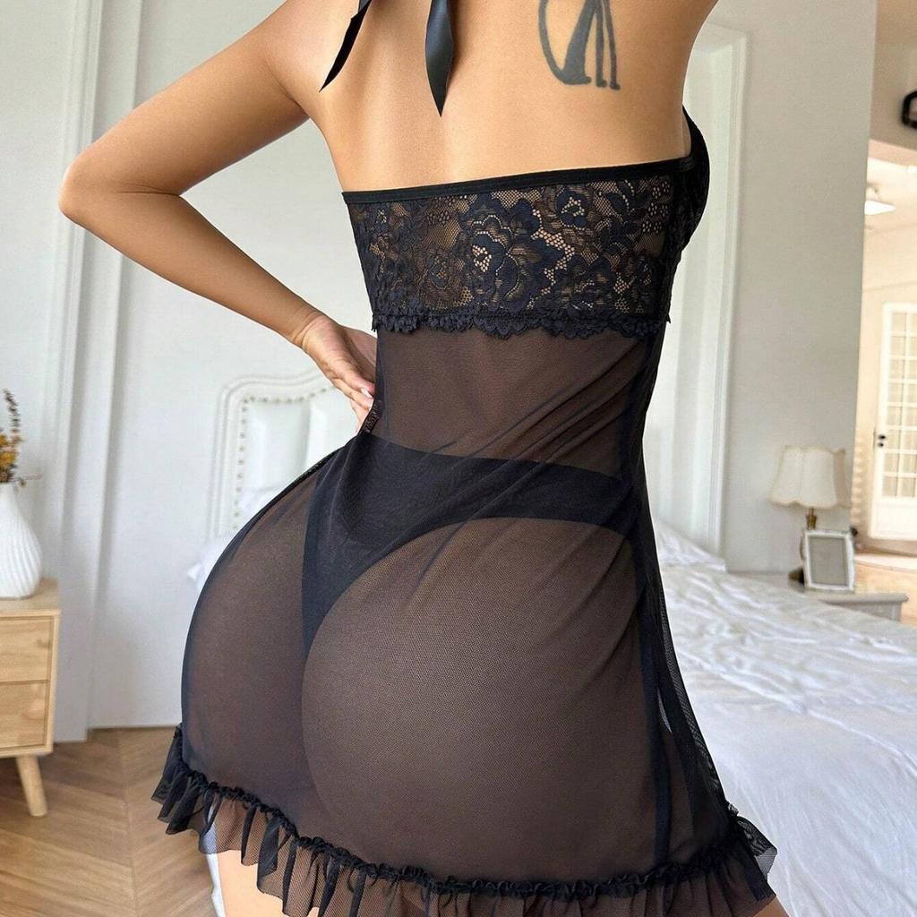 European and American Style Women’s Sheer Mesh Lingerie, Sexy Ultra-Thin Lace Halter Nightgown with Bow Erotic Sleepwear