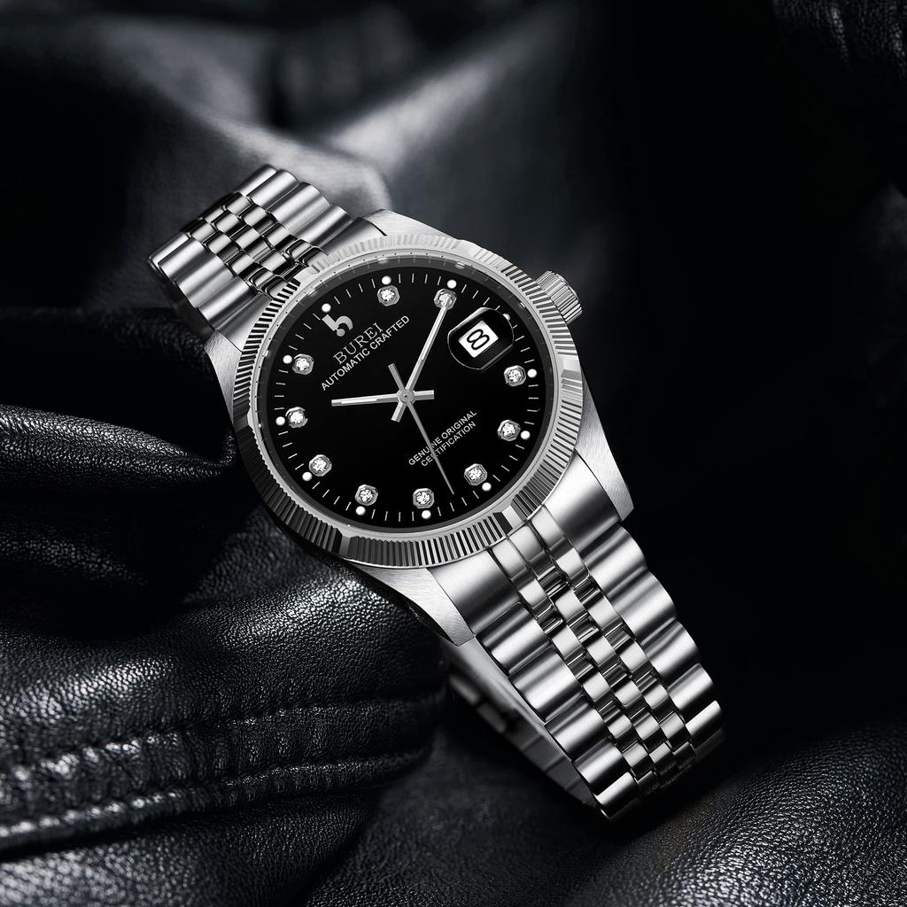 [BUREI] Men's Watch Fashion Simple Automatic Mechanical Waterproof Silver Black Watch Men's Birthday Gift