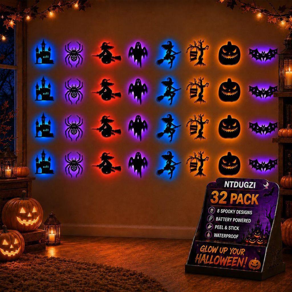 Halloween Pvc Lighted Wall Decals With Spiders And Pumpkins For Party Decoration