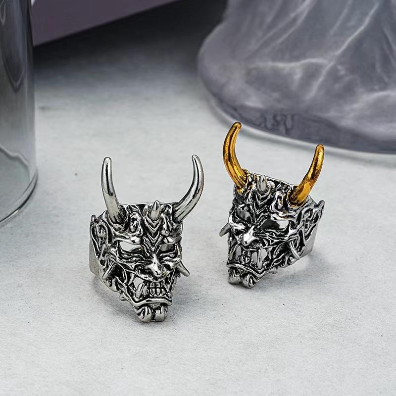 Huaya Men's Anime Cosplay Tokyo Yaksha Skull Mask Design Rings Two Tone Sheep Horn Hip Hop Street Ring Accessories Trend