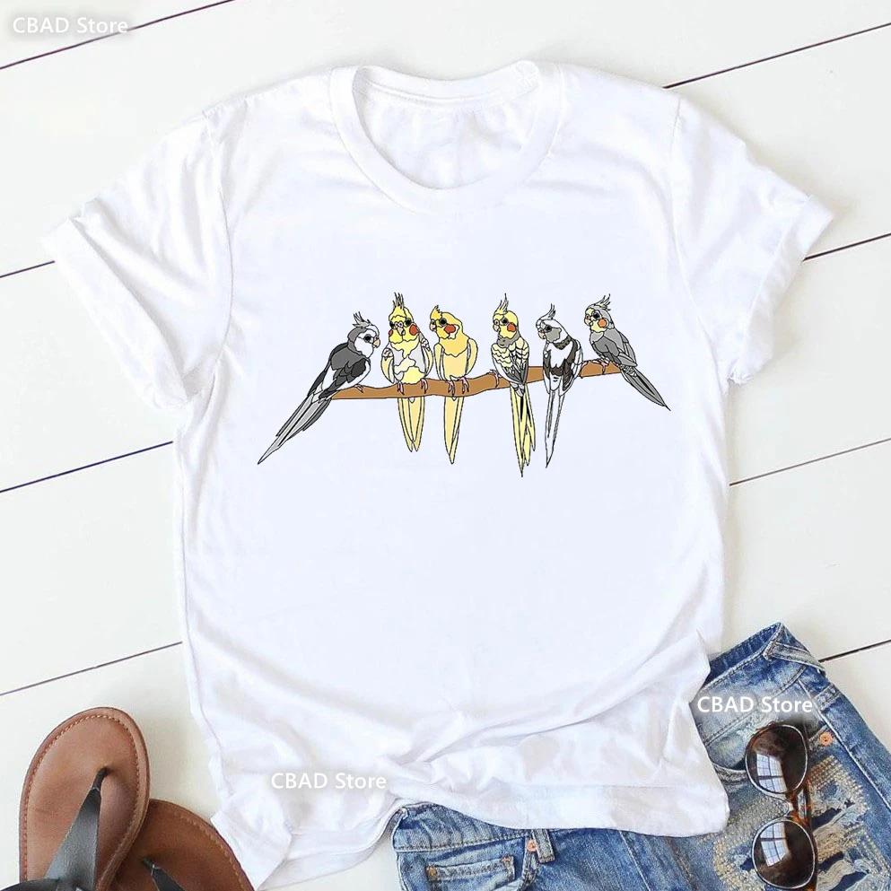 Cute Cockatielsparrot Bird Lovers Print T Shirt Girls Sunflower Flowers Tshirt Unisex Harajuku Kawaii Clothes Summer Tops Tee