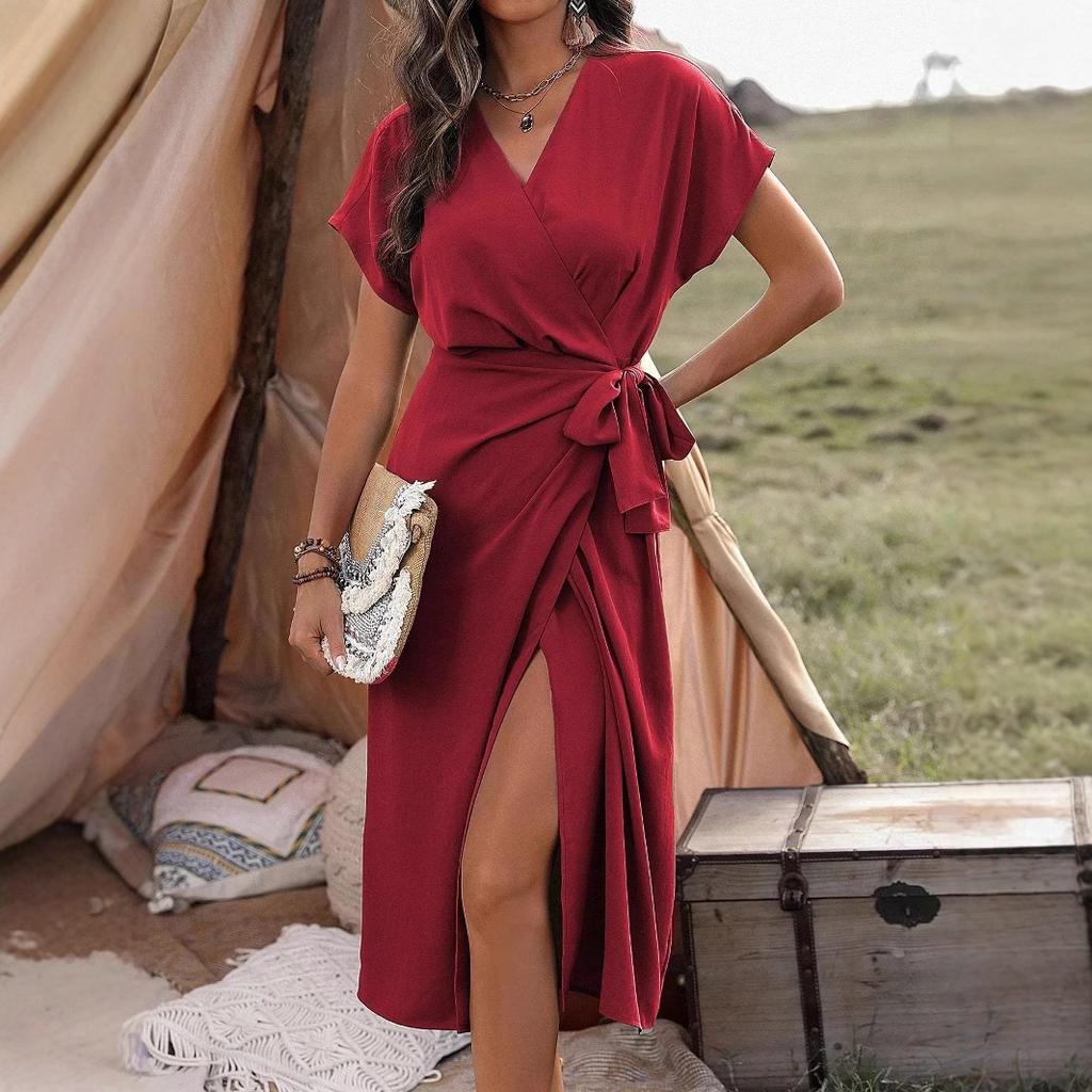 Women's Short Sleeve Maxi Dress V-Neck Solid Color Side Split Long Dress Formal Evening Party Maxi Gown