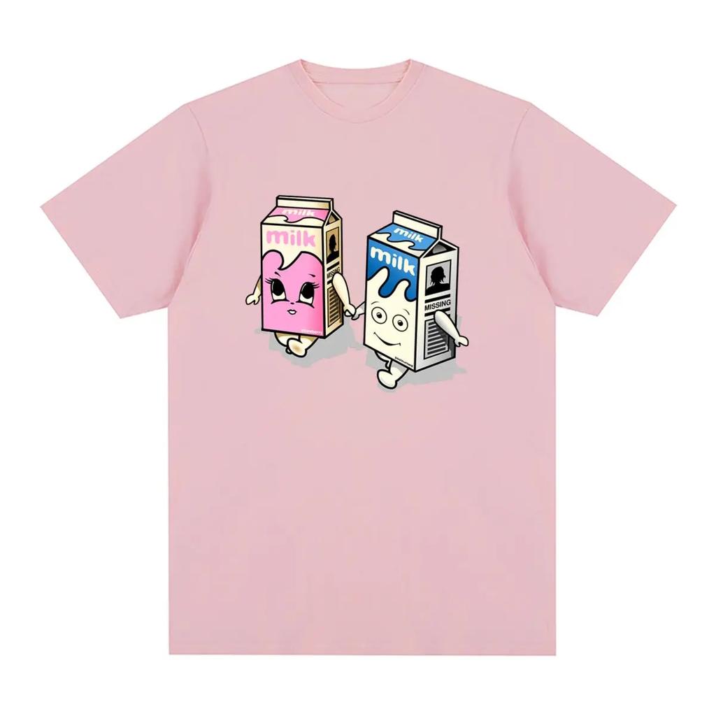 Men's milk hand-holding funny pattern printed 100% pure cotton retro short-sleeved T-shirt and top