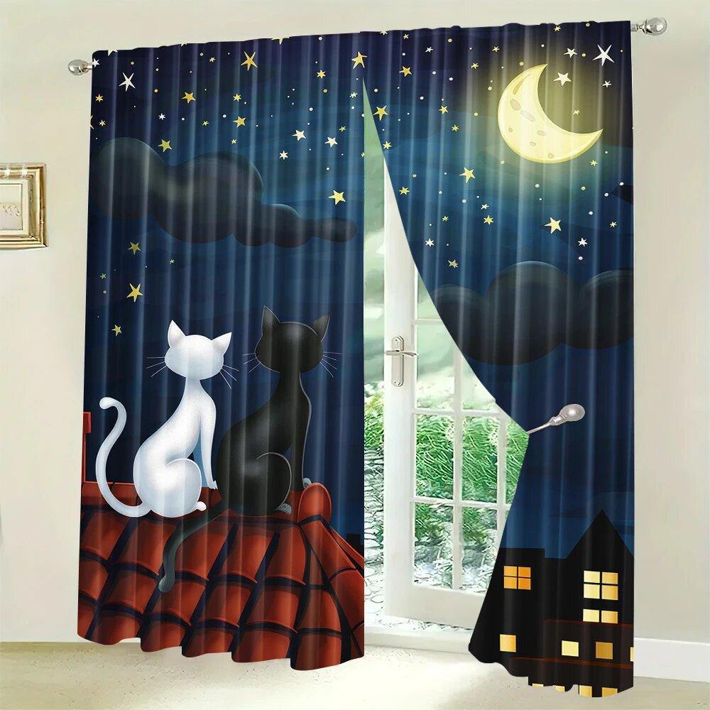 2 Pieces of Cat and Full Moon and Star Printed Curtains On the Roof   Pole Bag Curtains   Home Decoration   Room Decoration