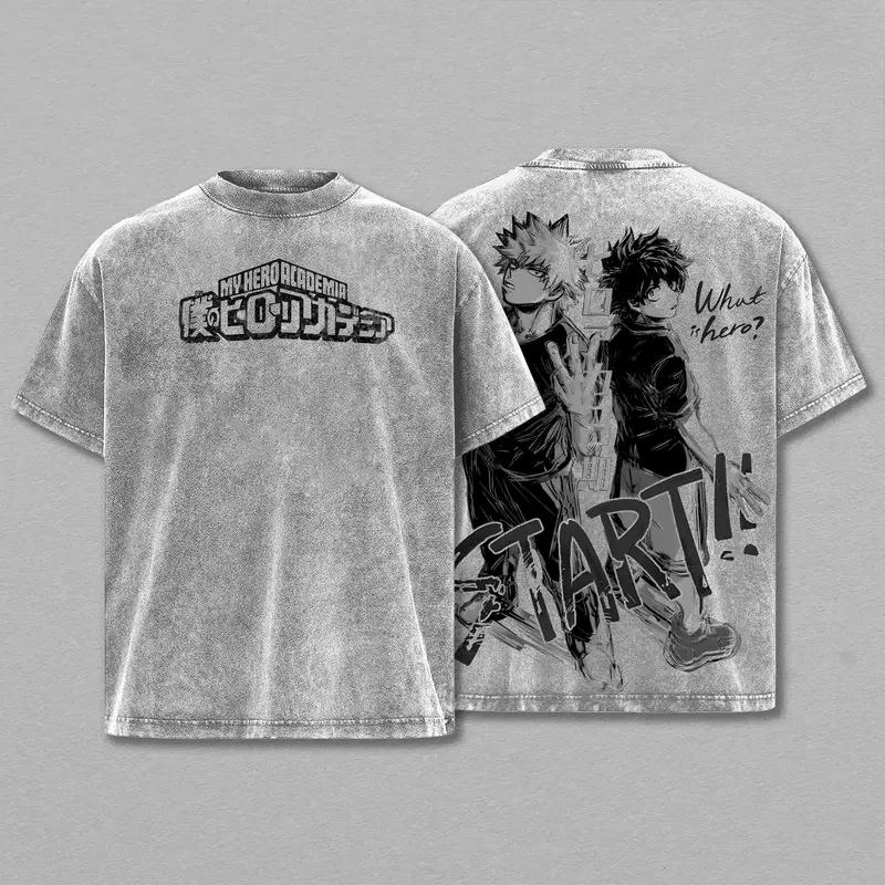 

My Hero Academia Bakugou Katsuki Midoriya Izuku Printed Tee Men Women Retro Washed T-shirts Cotton T Shirt Harajuku Male Tshirt XXL серый