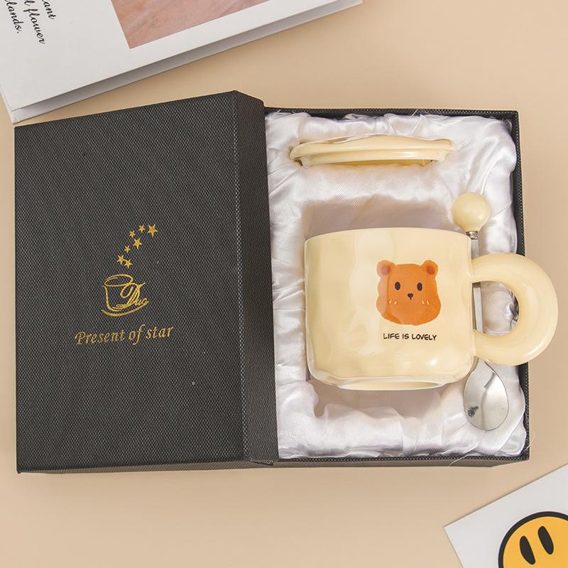 Korean Retro Bear Mug with Lid Spoon High Value Girl Couple Ceramic Cup Office Drinking Water Coffee Cup